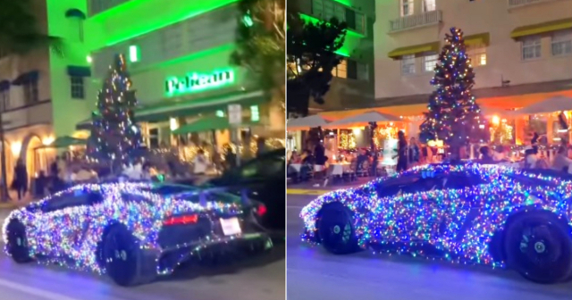 Lamborghini decorado con luces y arbolito de Navidad circula por calles de Miami