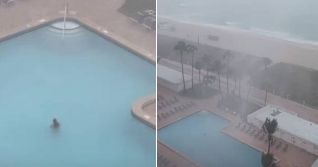 Mujer toma "relajante baño" en una piscina durante tornado en Miami