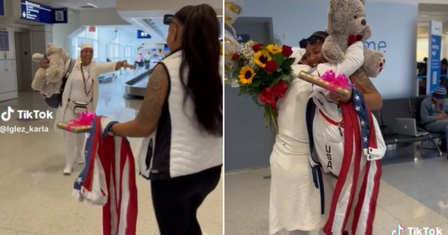 Cubana recibe a su madre en Estados Unidos con bombones, flores y globos