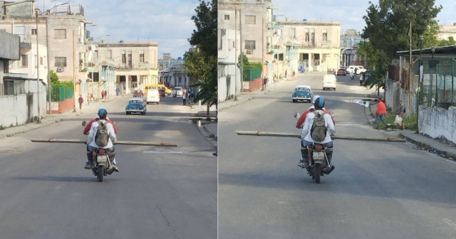 Peligro sobre ruedas: Cubanos improvisan traslado de largos palos en moto