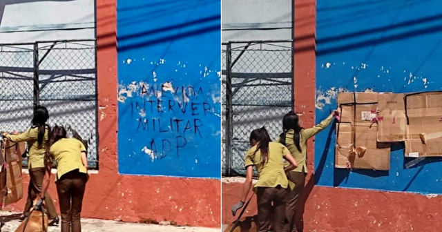 Seguridad del Estado cubre cartel contestatario con cartones en La Habana