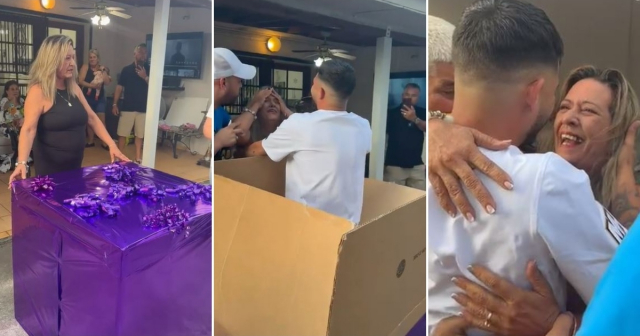 ¡Tremendo regalo! Joven cubano sorprende a su mamá en plena fiesta de cumpleaños al salir de una caja