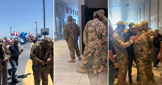 Amigos reciben a cubano recién llegado a Estados Unidos vestidos de militares en el aeropuerto de Tampa