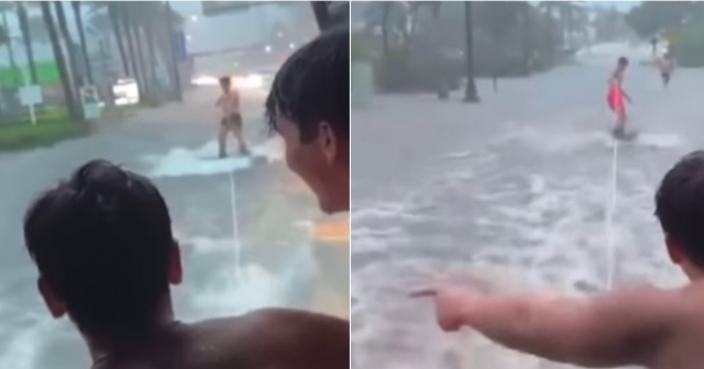 Jóvenes hacen surf en calle de Miami inundada tras las lluvias