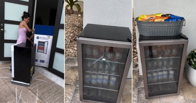 Cubana pone nevera con bebidas frías y snacks a repartidores en Miami