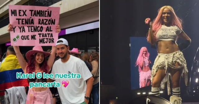 Joven cubano y su novia captan la atención de Karol G con su letrero en concierto