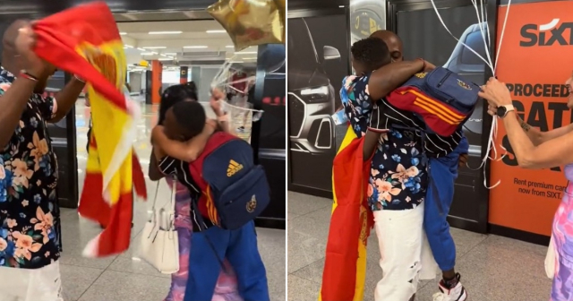 Reencuentro: Papá cubano recibe a su hijo en aeropuerto de España con bandera y globos