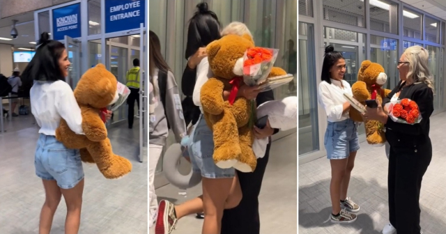 Joven cubana recibe a su madre en aeropuerto de USA con peluche, flores y bombones