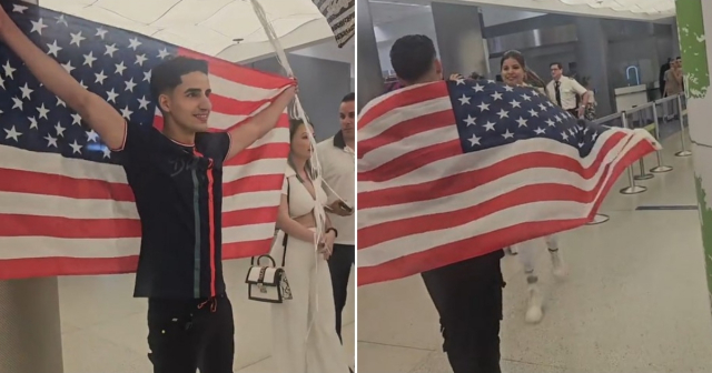 Joven cubano recibe a su mujer en aeropuerto de Estados Unidos con bandera y globos: "Bienvenida a la yuma"