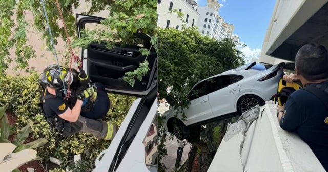 Rescatan a la conductora atrapada entre un árbol y un estacionamiento en Miami