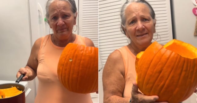 Cubana recién llegada cocina, entre lágrimas, calabaza para fotos de Halloween de su nieta