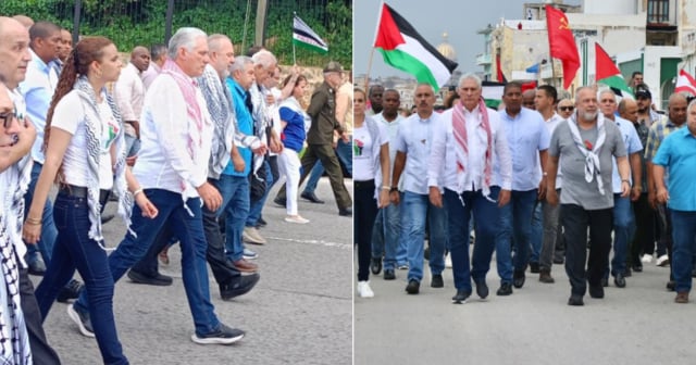 Díaz-Canel y Marrero marchan por Palestina en La Habana con tenis de marcas estadounidenses