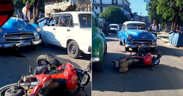 Bache provoca accidente entre almendrón y moto en La Habana