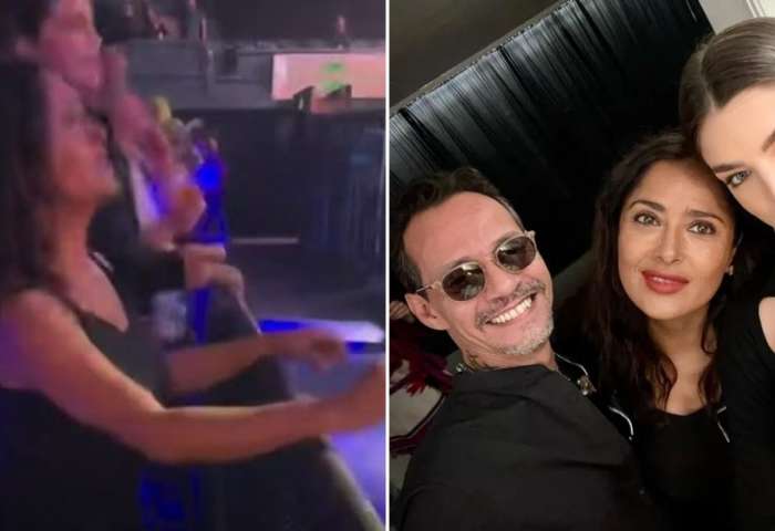 Salma Hayek se desata bailando salsa junto a Nadia Ferreira en show de Marc Anthony en Londres