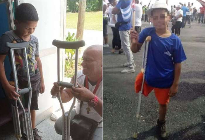 Gobierno entrega muletas a niño sin pierna que desfiló el Primero