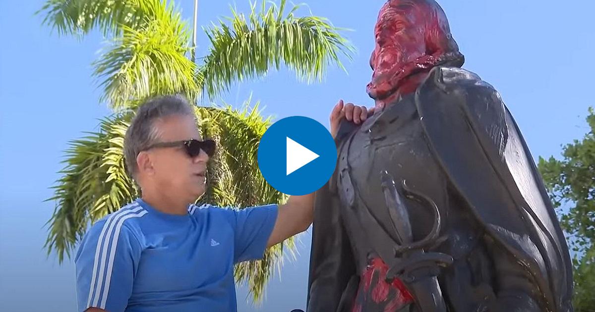 José Armas borró los símbolos comunistas de la estatua de Juan Ponce de León en Miami. © Captura de Youtube