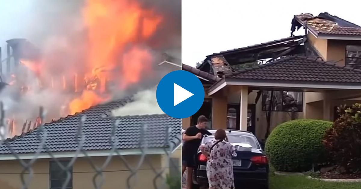 Imagen del incendio desatado por un rayo (i) y Imagen que muestra cómodo quedó la vivienda (d) © Collage YouTube/America Tevé