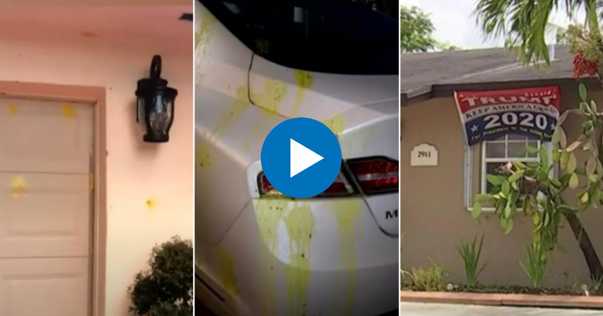 Vehículo y fachada vandalizada con bolas de pintura © Collage YouTube/America Tevé