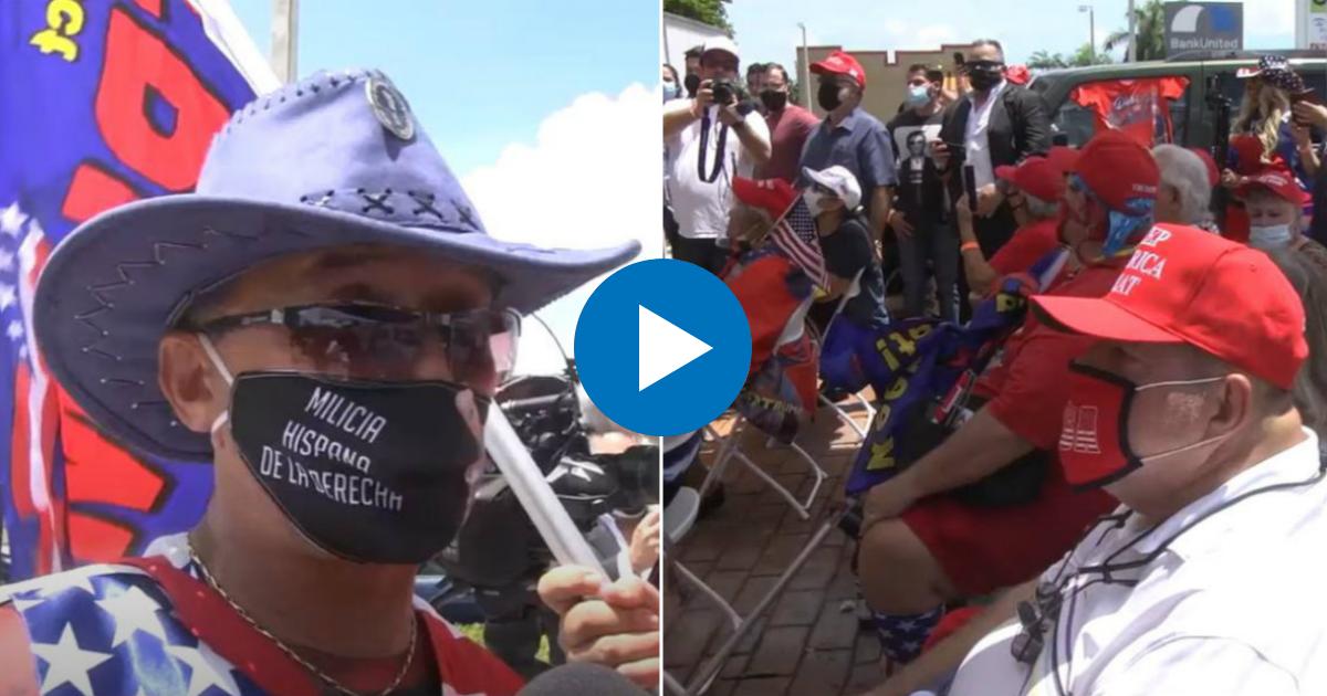 Seguidor de Donald Trump de origen cubano (i) y Parte de los asistentes al acto de apoyo a Trump en Hialeah (d) © Collage YouTube/screenshot-America Tevé