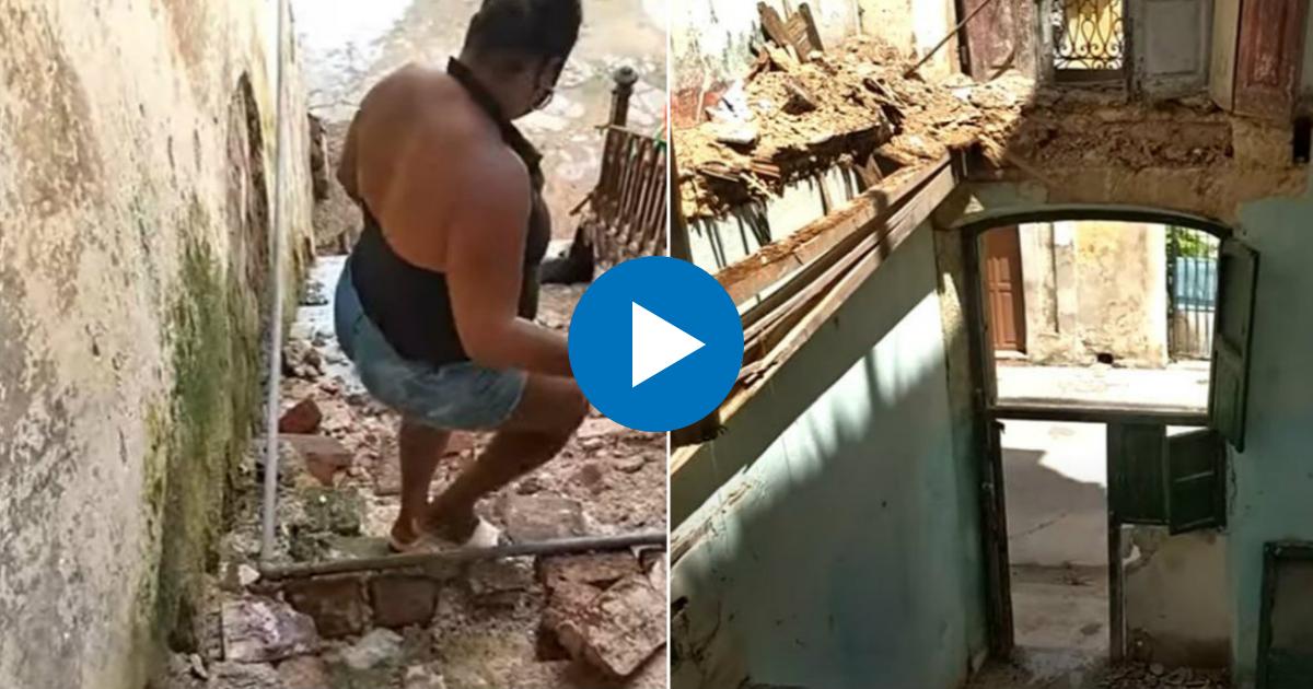 Vecina baja una escalera en mal estado (i) y Una de las zonas más peligrosas del inmueble (d) © Collage YouTube/screenshot-Cubanet