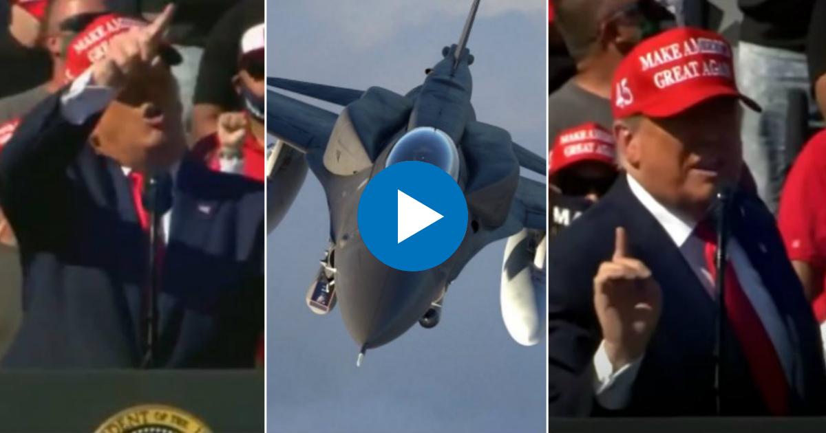 Donald Trump durante su acto de campaña en Arizona y Caza F-16 (referencia) © Collage YouTube/screenshot/The Sun - Wikimedia