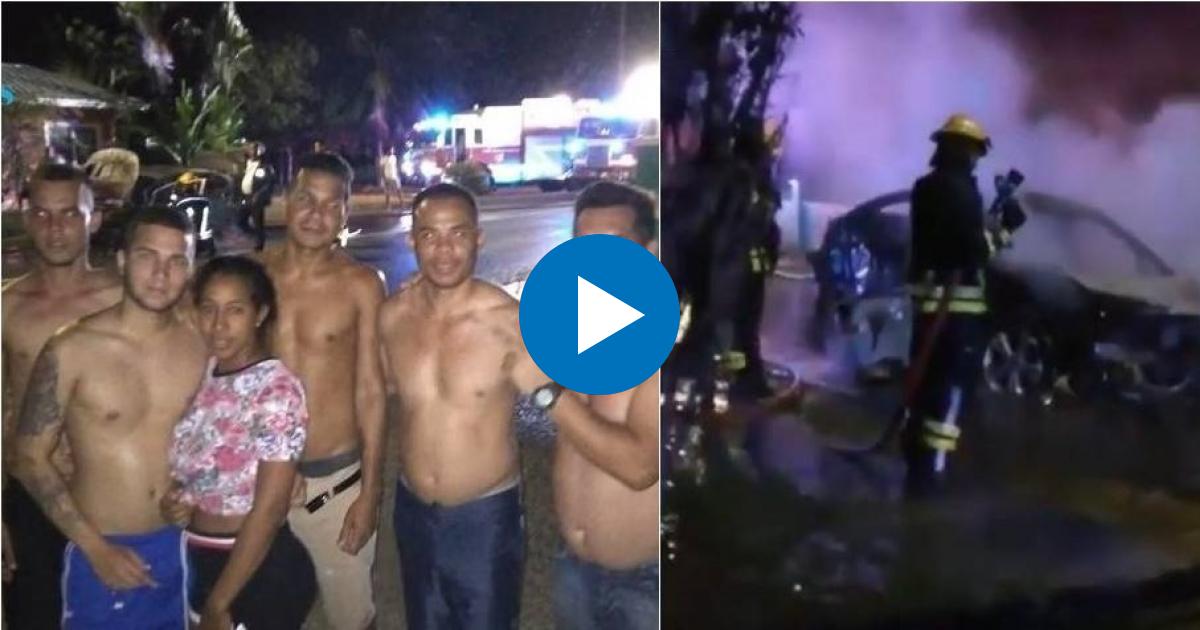 Cubanos que rescataron al conductor y bombero extinguiendo el fuego © Captura de video de YouTube de Brújula de Caimán