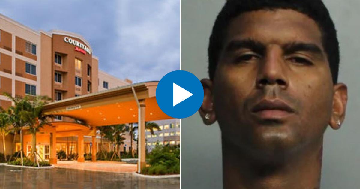 Hotel Courtyard, en Doral (i) y Yunier Núñez, el cubano acusado de robo (d) © Collage YouTube/screenshot-America Tevé