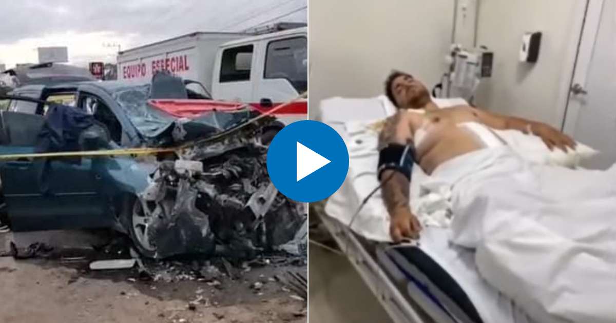Estado en que quedó el auto siniestrado (i) y uno de los cubanos heridos (d) © Collage YouTube/screenshot-AmericaTevé