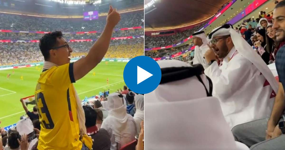 Aficionado ecuatoriano haciendo gesto (i) y reacción de hincha de Qatar (d © Redes Sociales