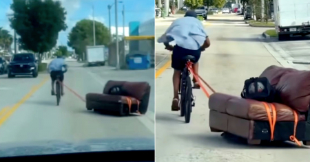 Captan a ciclista tirando de un sofá por las calles de Miami