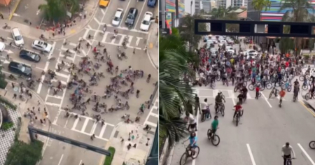 Decenas de jóvenes y adolescentes en bicicleta desataron el caos en Brickell
