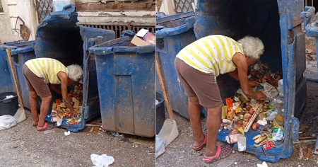 Anciana cubana busca alimentos en un contenedor de basura en La Habana