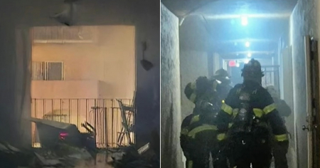 Imágenes del momento en que bomberos sacan a anciano cubano de apartamento en llamas en Hialeah