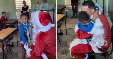 Padre cubano vuelve a la isla y sorprende a su hijo en la escuela disfrazado de Santa Claus