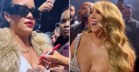 Mariah Carey le firma el pecho a Rihanna durante concierto: "Esto es icónico"