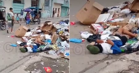 Hombre tirado sobre un basurero en una calle de La Habana Vieja