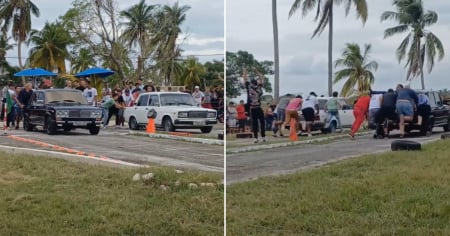 Cubanos compiten en Artemisa en inusual carrera de autos Ladas empujados por personas