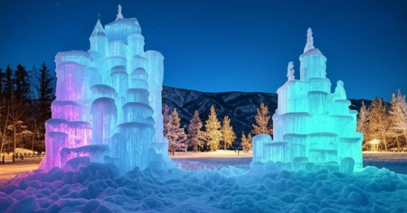 Desde Utah a New Hampshire: Los Castillos de Hielo Encantan con Coloridas Transformaciones Nocturnas