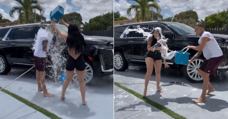Guerra de agua y espuma: Así se divierten Oniel Bebeshito y Rachel Arderi en su "car wash particular"