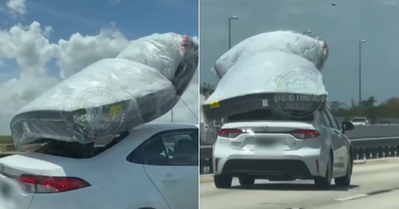 Así trasladan un colchón en autopista de Miami
