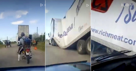 Rastra cargada de productos cárnicos colapsa en carretera de Las Tunas