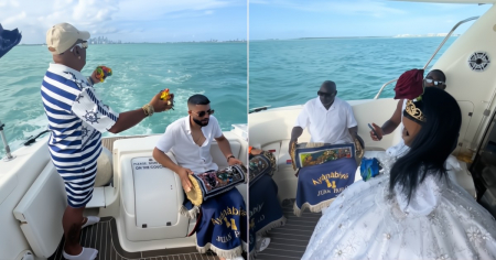 Cubanos brindan tambor a Yemayá en altamar en aguas de Miami: "Regalo para ella"