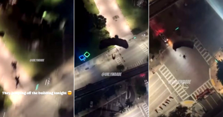 Captado en video: Tres personas saltan en paracaídas de noche desde rascacielos de Miami