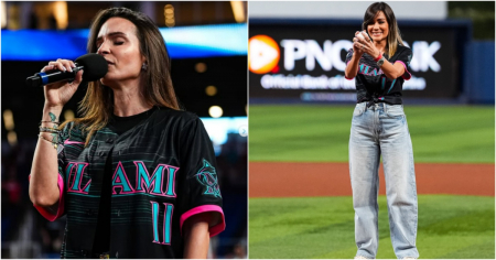 ¡Emocionante! Diana Fuentes canta el “Himno de Bayamo” durante celebración cubana de los Marlins