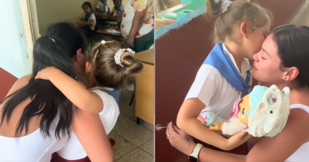 "Esto no tiene comparación": Cubana sorprende a su niña en una escuela primaria y demás familiares en Cuba