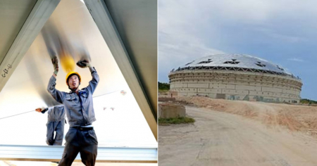 Operarios chinos colocan cúpulas en nuevos tanques de la Base de Supertanqueros de Matanzas