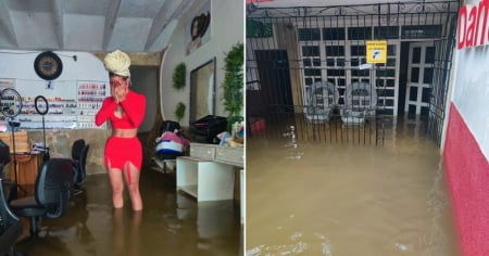Cubana muestra su negocio inundado tras el paso del huracán Melissa