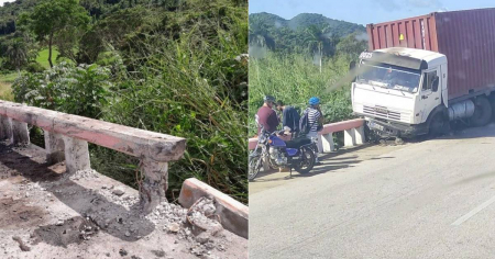 Chofer se salva de caer de un puente en la Autopista Nacional tras explotarle una goma