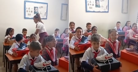 ¡Imposible no emocionarse! Le regaló zapatillas nuevas a todos los niños de la aula de su hija en Cuba