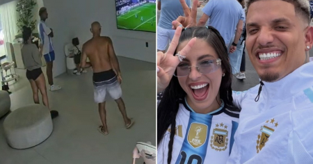La cámara de seguridad lo captó todo: Bebeshito y Rachel Arderi enloquecen con la remontada de Argentina en el Mundial